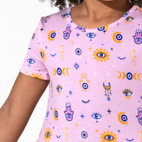 فستان قصير الأكمام للبنات من الخيزران باللون الوردي الفاتح