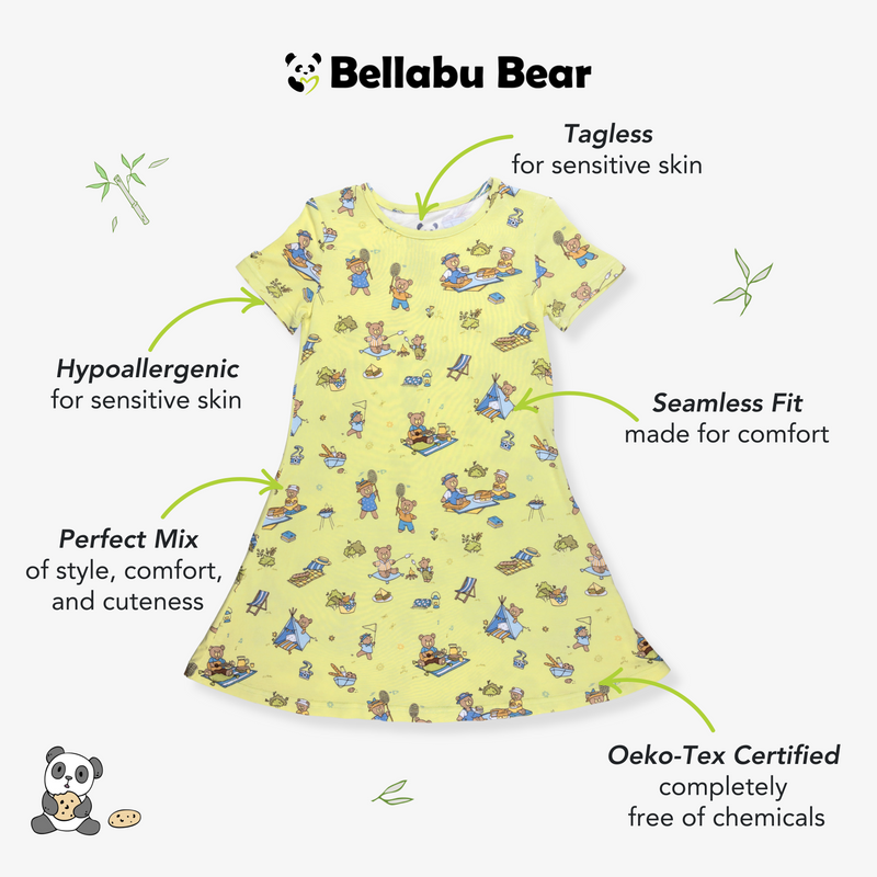 فستان بناتي قصير الأكمام من الخيزران بتصميم نزهة الدببة