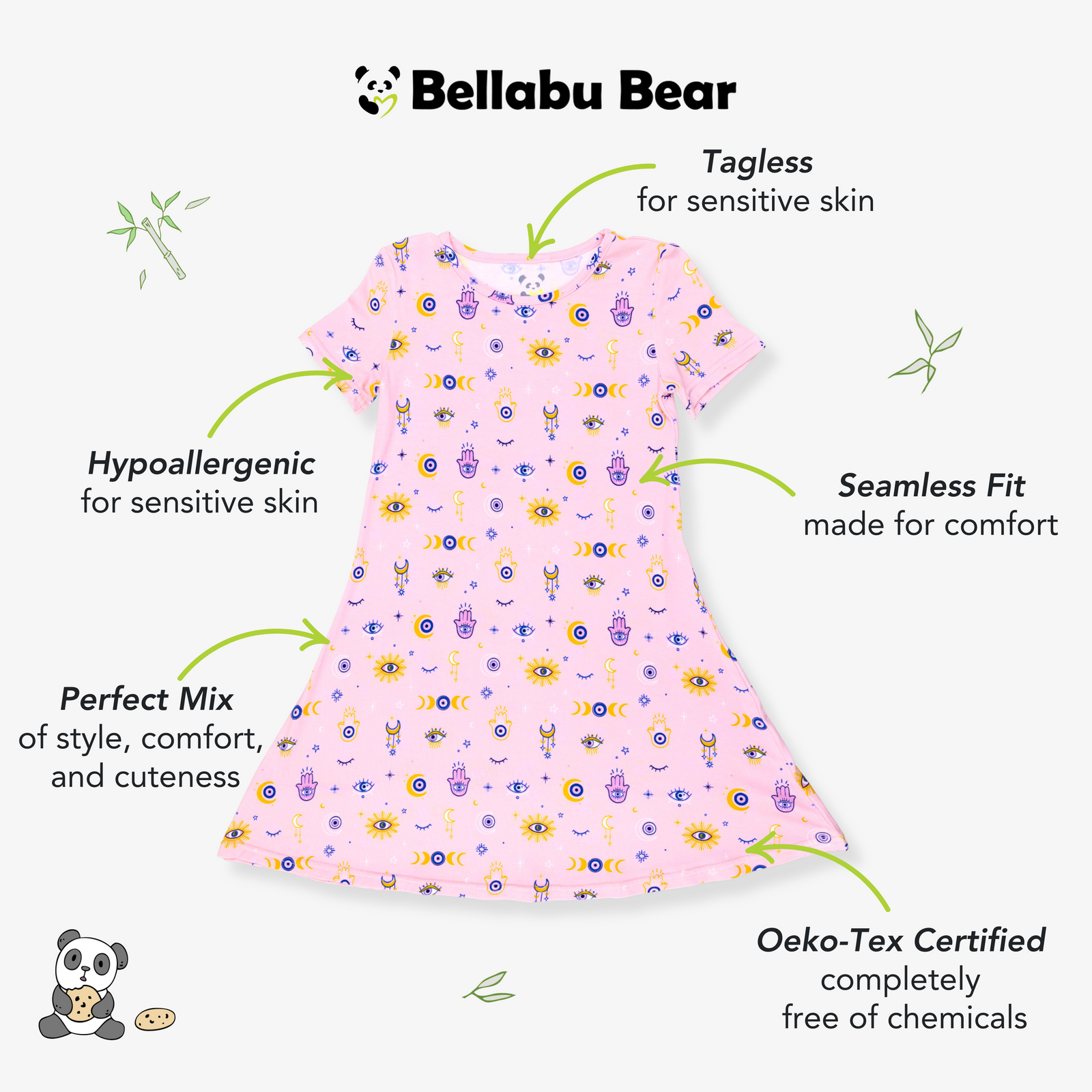 فستان قصير الأكمام للبنات من الخيزران باللون الوردي الفاتح