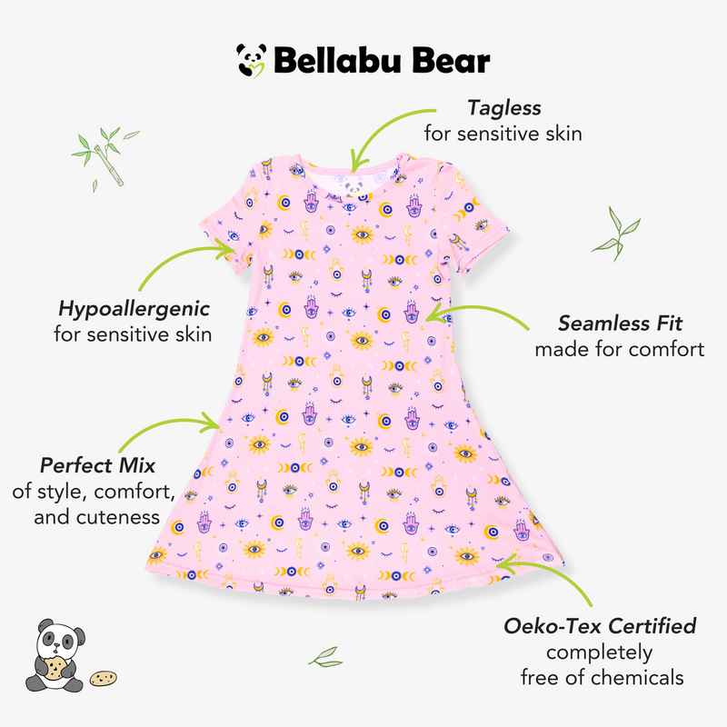 فستان قصير الأكمام للبنات من الخيزران باللون الوردي الفاتح