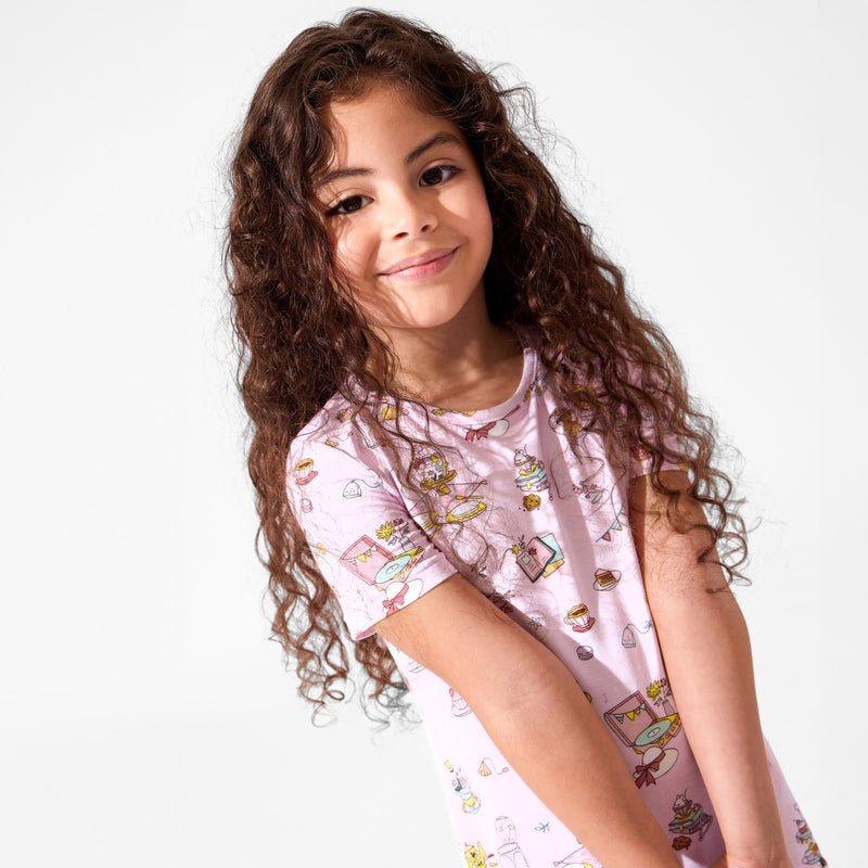 فستان قصير الأكمام للبنات من الخيزران لحفلة شاي