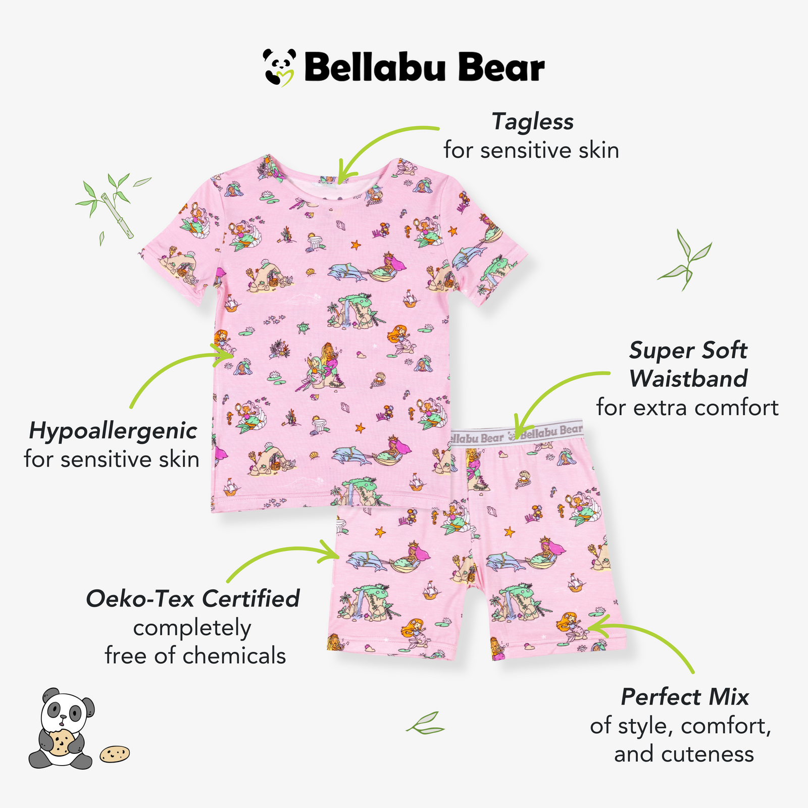 طقم بيجاما قصير للأطفال بتصميم حورية البحر والبحيرة المصنوعة من الخيزران