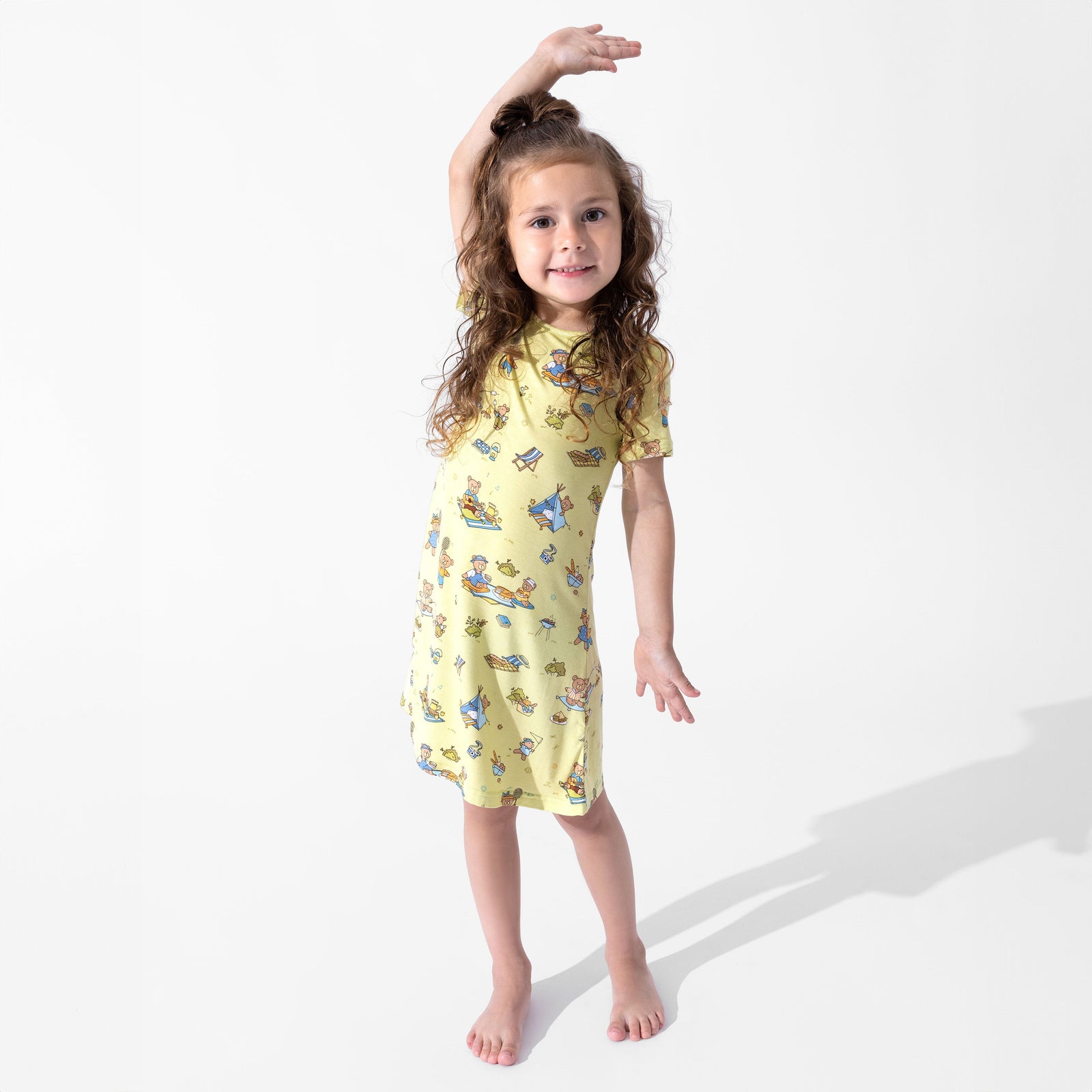 فستان بناتي قصير الأكمام من الخيزران بتصميم نزهة الدببة